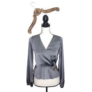 Anna Grace Wrap Top Grey Satin Large Button Closure Long Sleeve Small